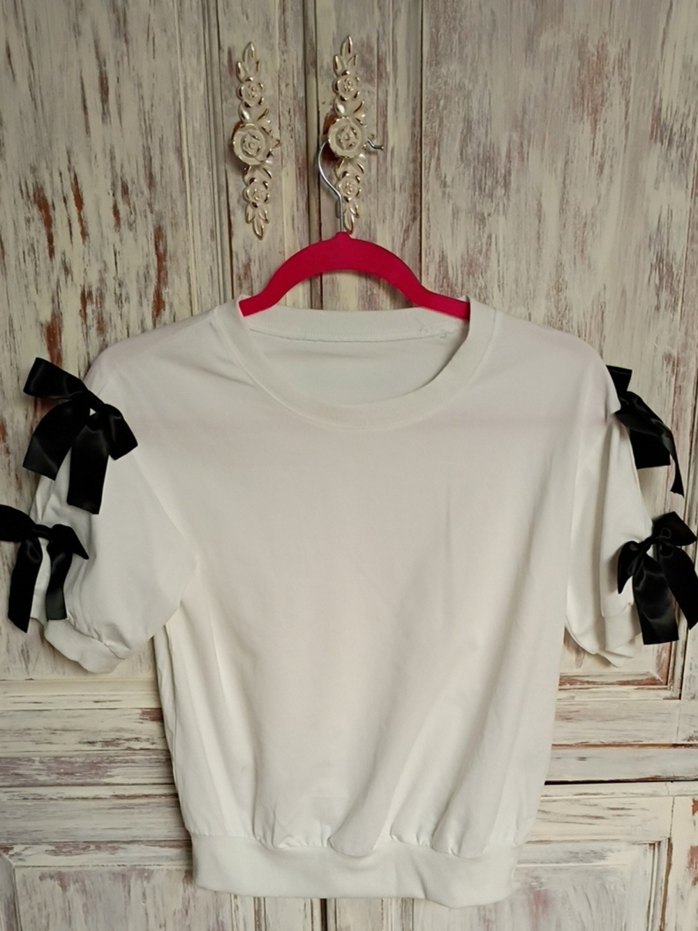 Women’s White Short-Sleeve Top with Black Ribbon Detail